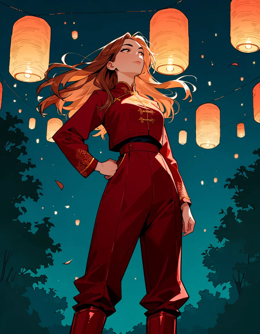 Anime illustration of a woman in red standing in a night garden strung with paper lanterns, shot from a low angle with amber bokeh behind her.