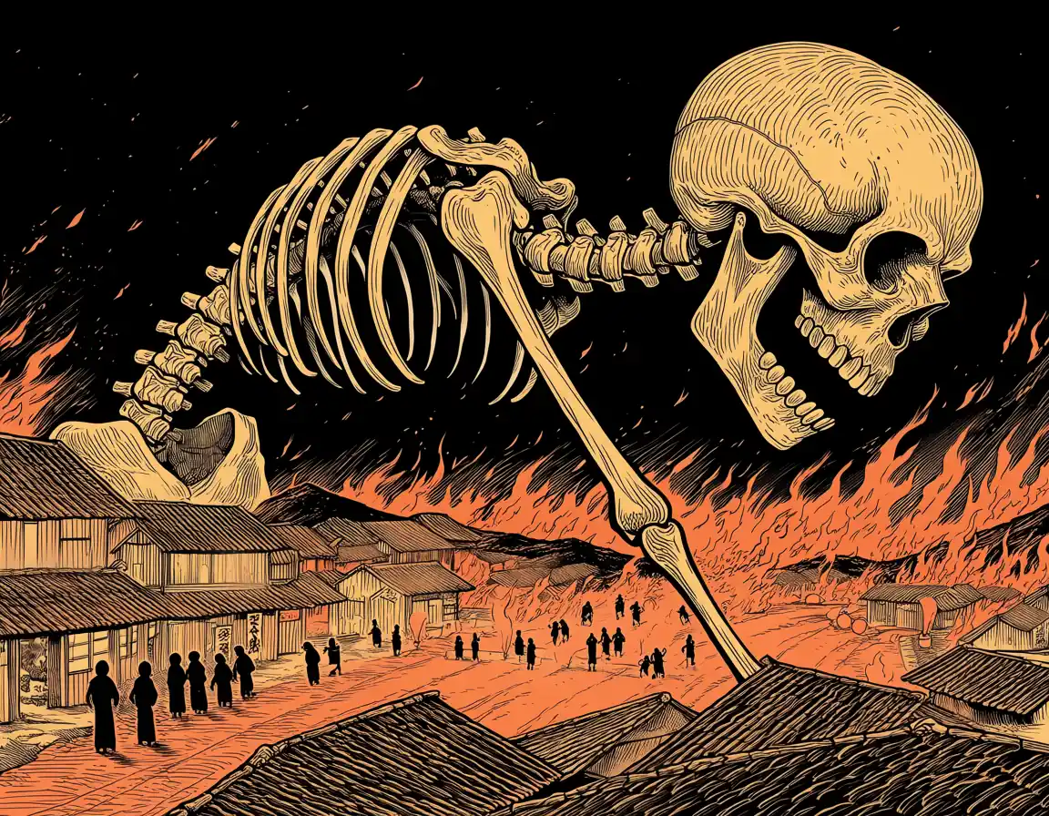 Anime illustration of a colossal skeleton yokai stooping over a burning mountain village as villagers flee with lanterns.