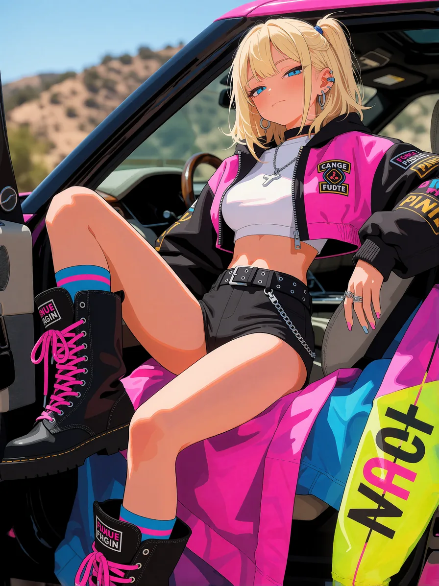 Anime illustration, cel shaded: a blonde woman in a pink and black racing jacket and chunky boots sitting sideways in the open door of a parked SUV on a dry California hillside.