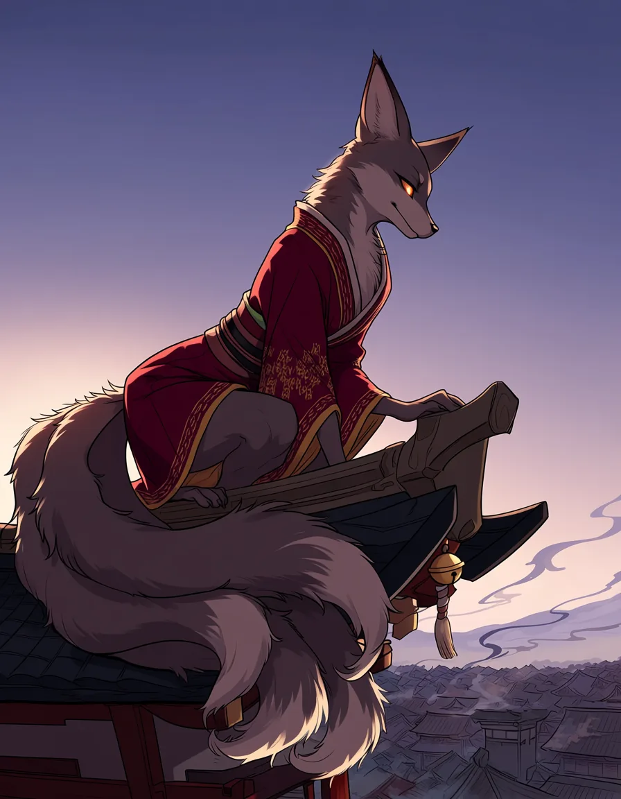 Anime illustration of a nine-tailed fox spirit in a crimson kimono perched on a shrine roof above a village at dusk.