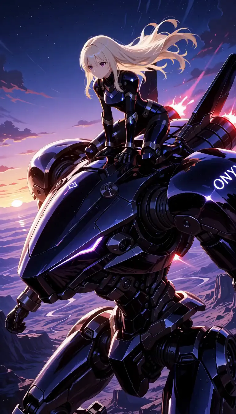 An anime girl in dark armour riding a sleek black mech named Onyx as it banks over canyon plains at twilight.