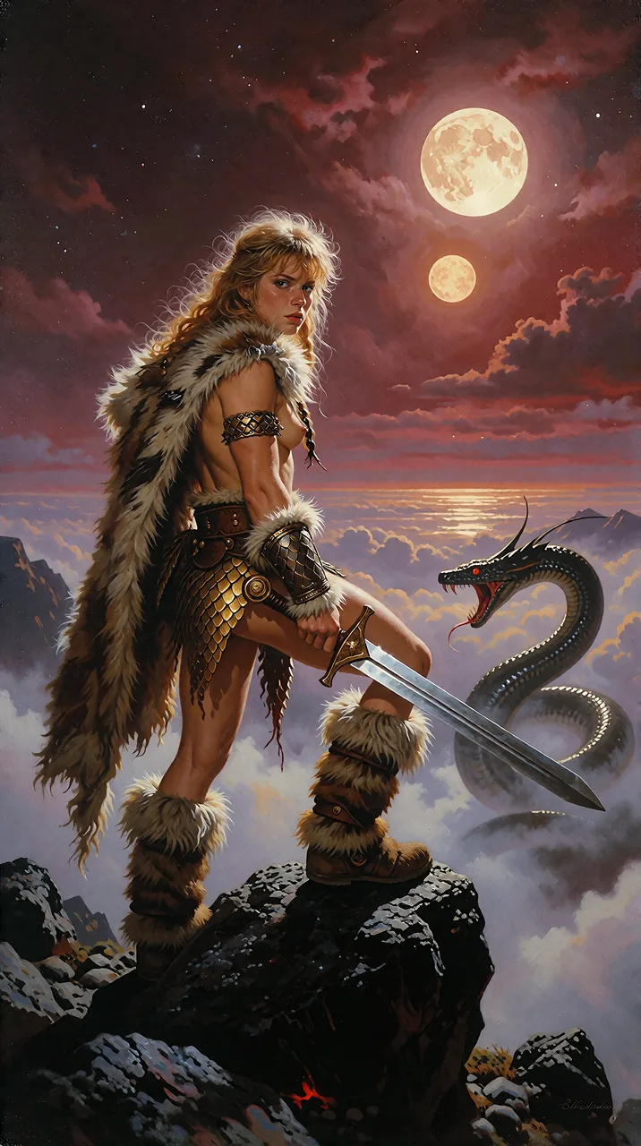 A painted fantasy scene: a warrior on a rock above the clouds facing a serpent under two moons.