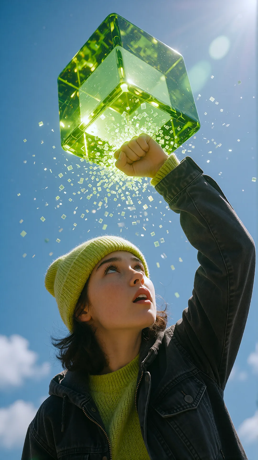 A girl in a chartreuse beanie reaches up to a green glass cube assembling itself from a cloud of glass pixels against a clear blue sky.