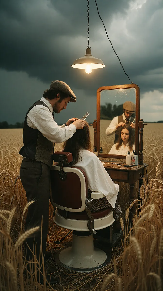 A barber cutting hair in the middle of a wheat field under storm clouds, one chair and one mirror standing in the golden stalks.