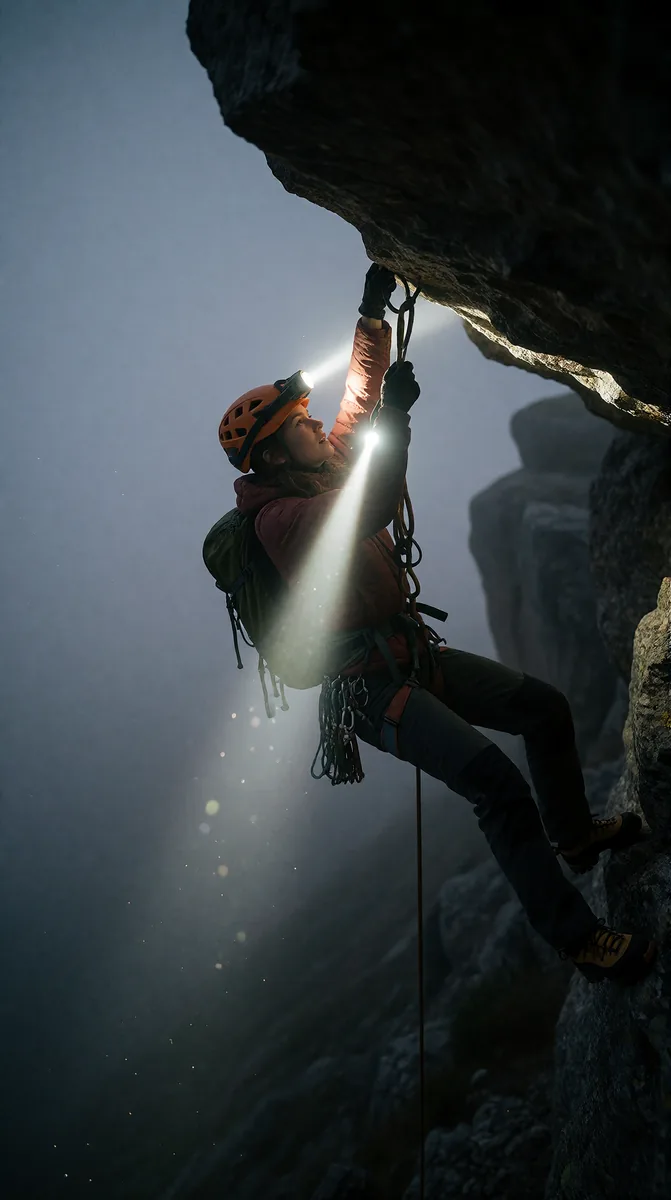 A climber dangling from a rocky overhang at dusk, headlamp beam cutting through thick fog above a four-thousand-foot drop.