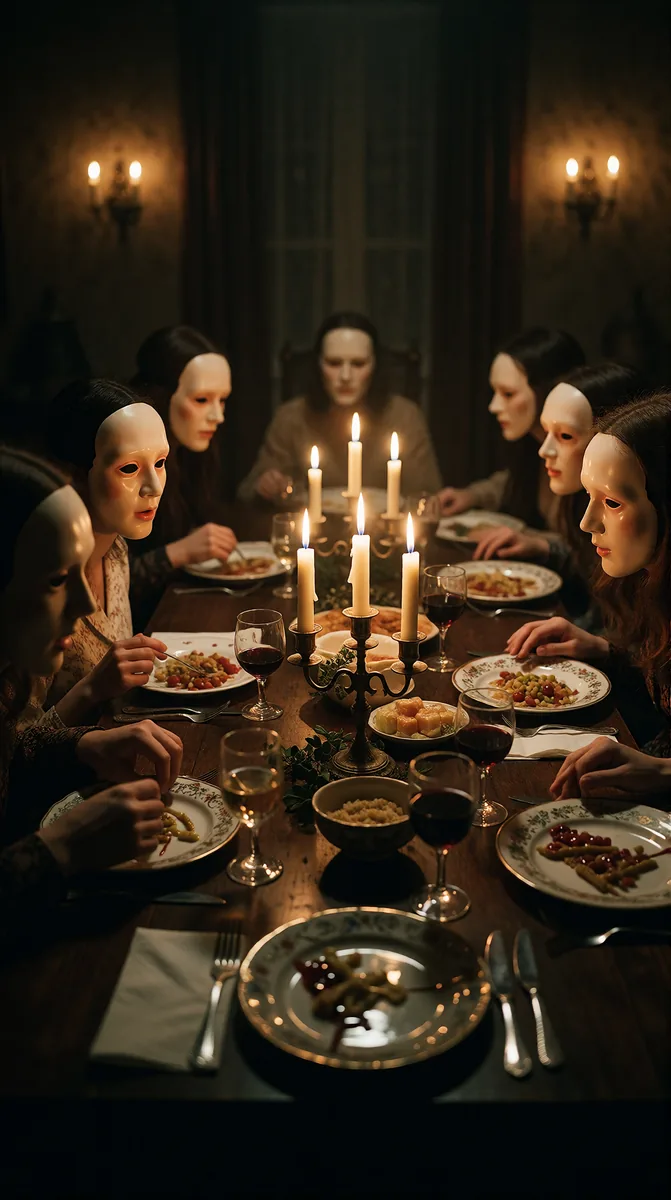 A candlelit 1970s dinner party where every guest wears the same identical face mask, seated around a long dark table.