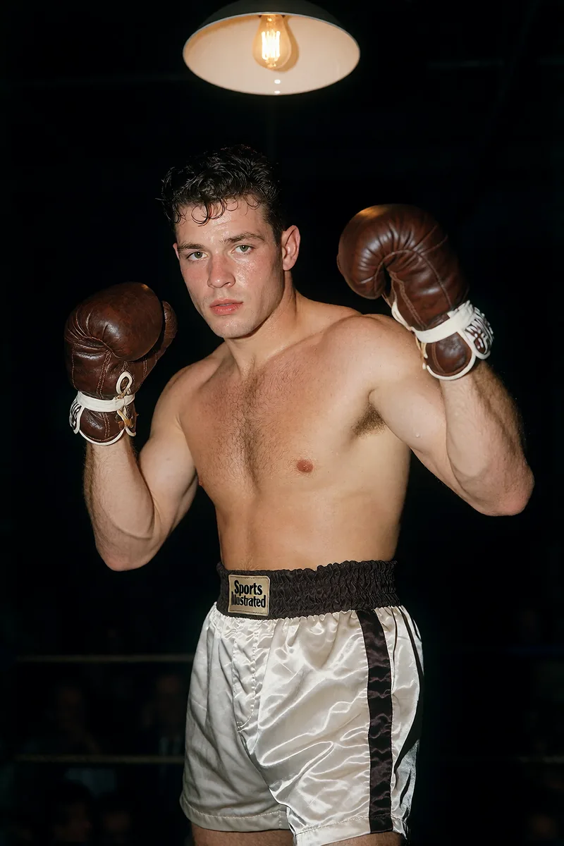 A heavyweight boxer under a single overhead bulb against a black background, taped fists raised, shot like a 1950s sports magazine cover.