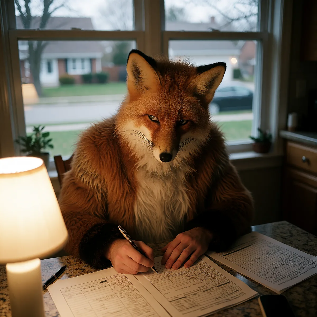 A man in a full fox suit sitting at a kitchen table filling in tax forms under a lamp, a suburban street through the window behind him.