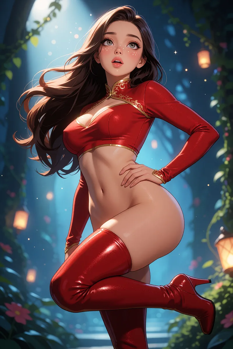 An anime-styled figure in a red bodysuit and thigh boots in a three-quarter pose against a moonlit garden.