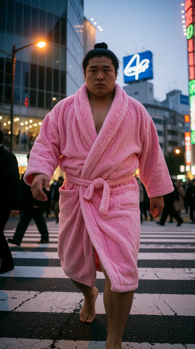 A sumo wrestler in a neon-pink bathrobe striding deadpan across Shibuya crossing at dawn.
