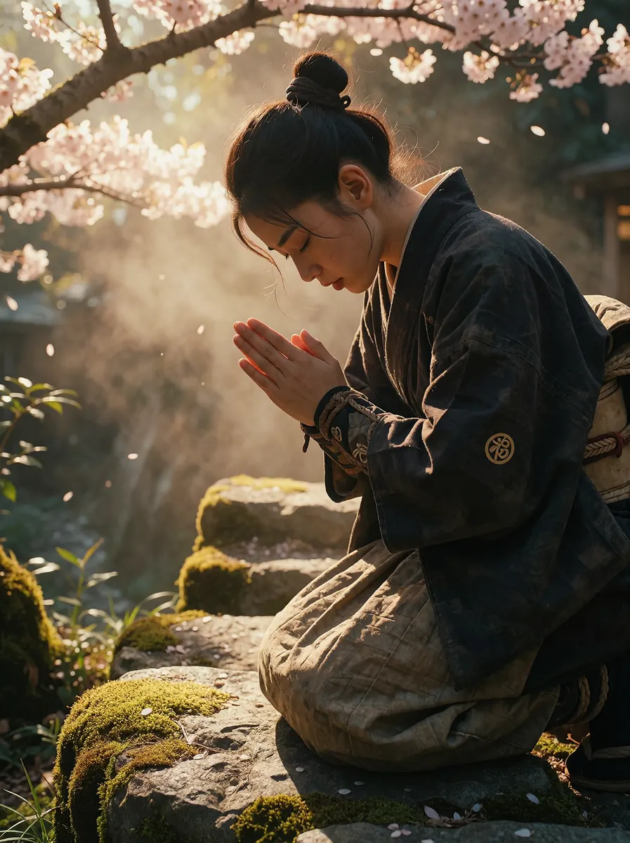 A 19th-century Japanese ninja kneeling in prayer on a moss-covered stone step beneath a cherry blossom tree, hands pressed together, low golden light raking through the petals behind her.