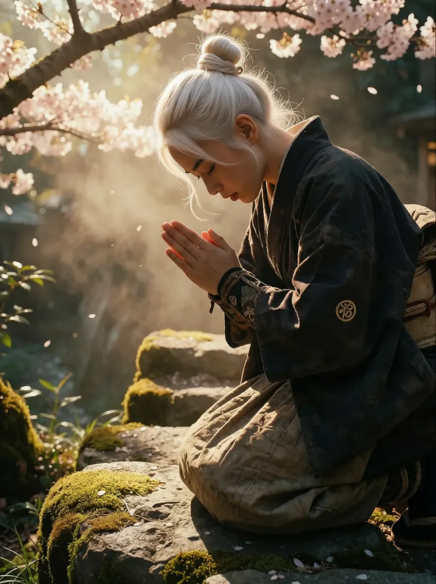 The same ninja frame, her hair now platinum blonde.