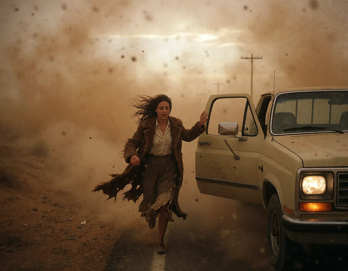 A woman in a long coat running for the open door of a pickup as a wall of ochre dust swallows the road behind her.